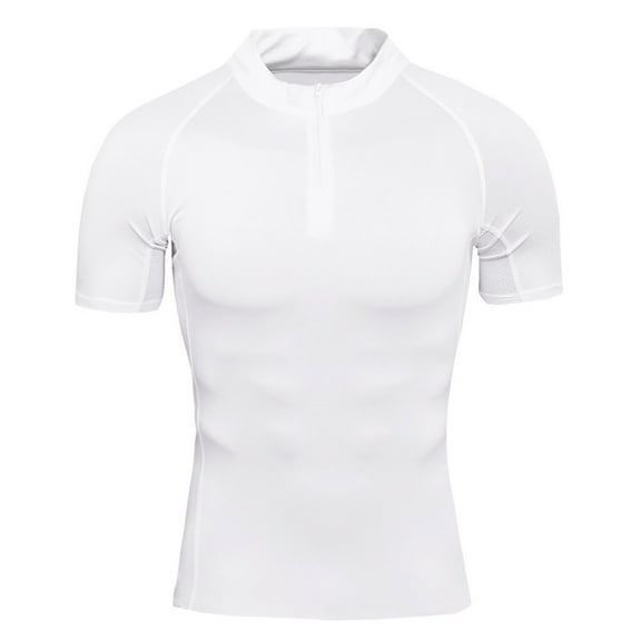 TANGQIOP Short Sleeve T-Shirts for Men Stand Collar Zip Fitness Athletic Quick Dry Slim Fit Solid Lightweight Breathable Stretchable White XL