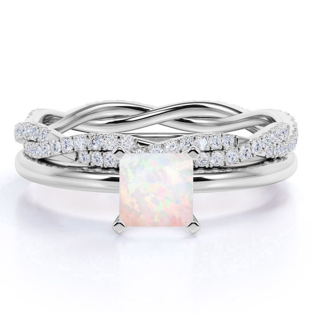 JeenMata 1.75 ct Genuine Princess Cut Opal and Moissanite Bridal Ring Set in 18K White Gold over Silver
