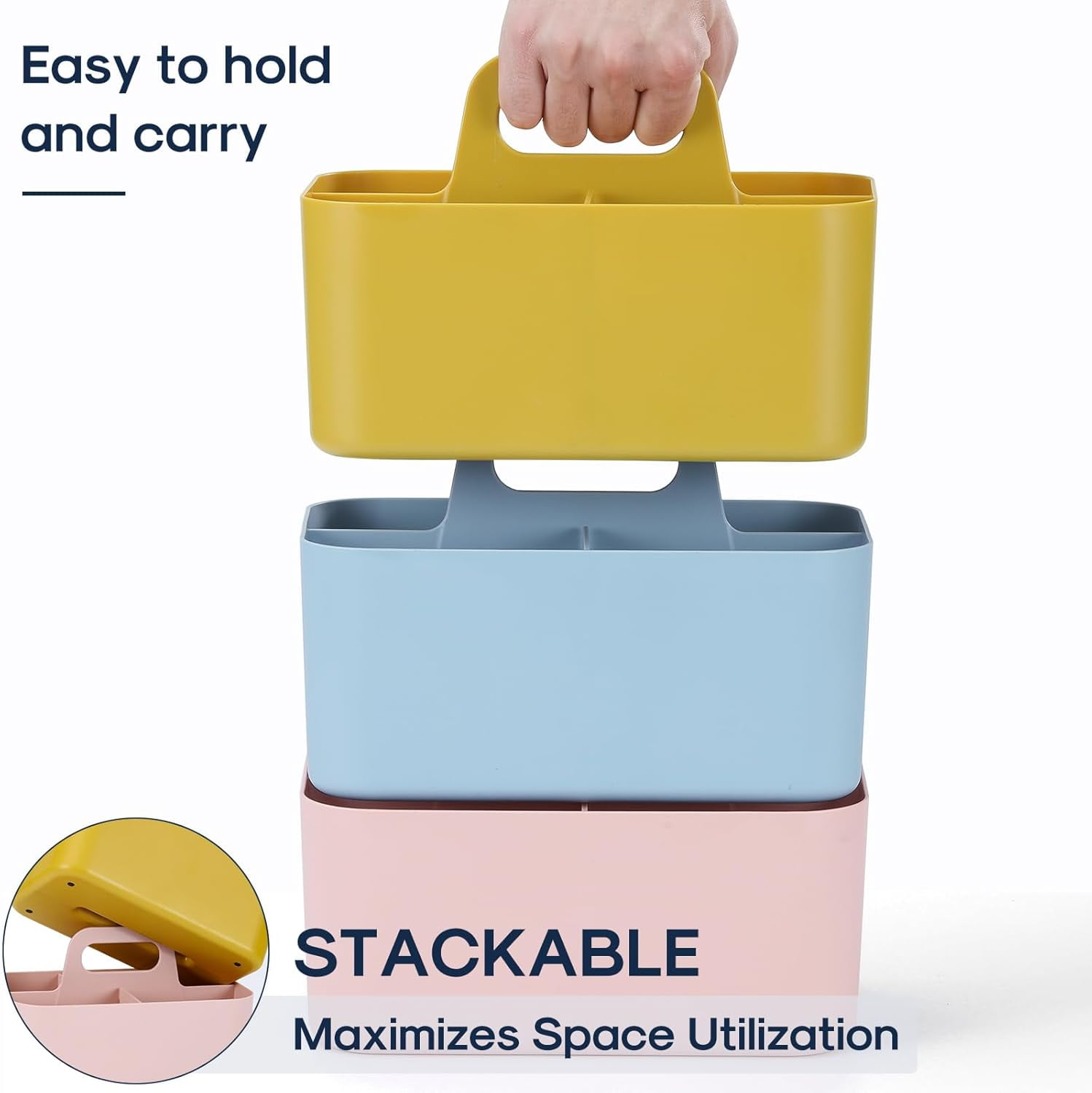 Multiuse Caddy Organizer with Handle - Stackable Plastic Tote Bin - Art Craft Supplies, Office, Desk, Stationery Pen Holder, Kitchen, Utensil, Makeup, Bathroom, Shower, Cleaning