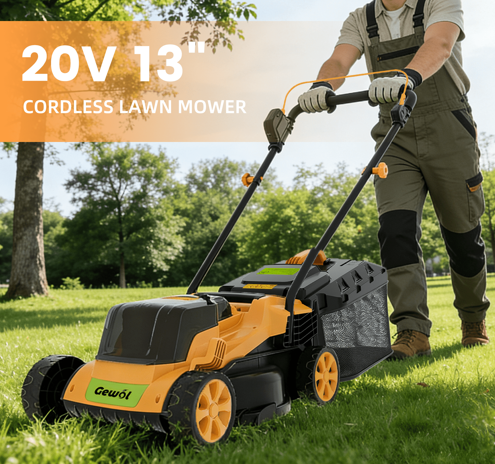 Gewol 20V 13" Cordless Lawn Mower, Push Mower 5-Position Height Adjustment Ultralight with 2×4.0Ah Batteries & Fast Charger
