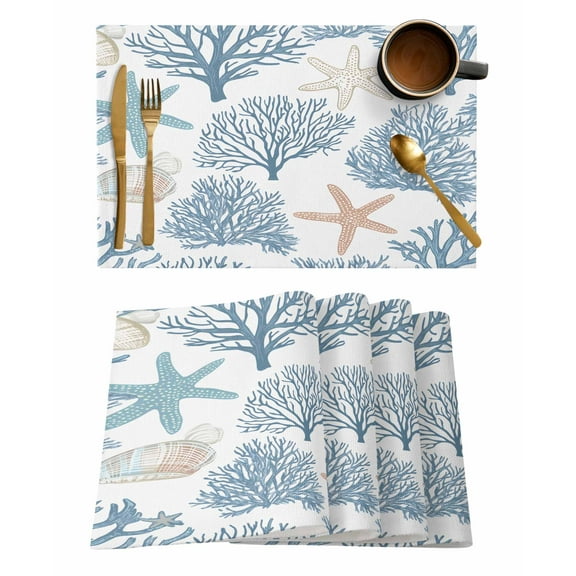 Light Blue Coral Coastal Placemats Set of 6, Summer Beach Starfish Shell Placemats for Dining Table, Place Mats for Kitchen Tabletop, Waterproof Wipeable Dining Table Mats Set