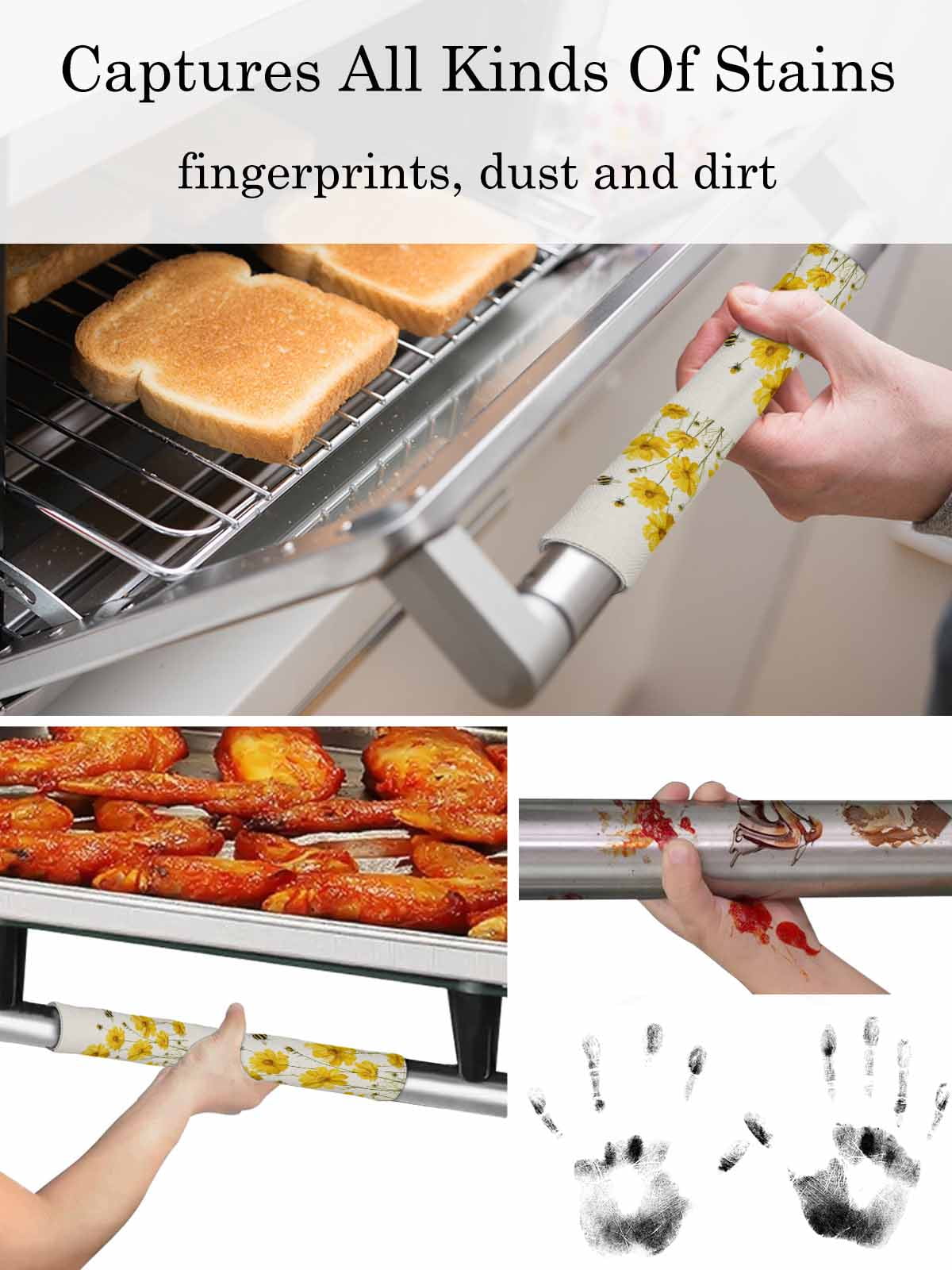 Yellow Floral Bee Refrigerator Door Handle Covers Set of 2, Summer Watercolor Botanical Flower Kitchen Fridge Microwave Oven Dishwasher Stove Cabinet Handle Protectors, Washable Appliance Decor