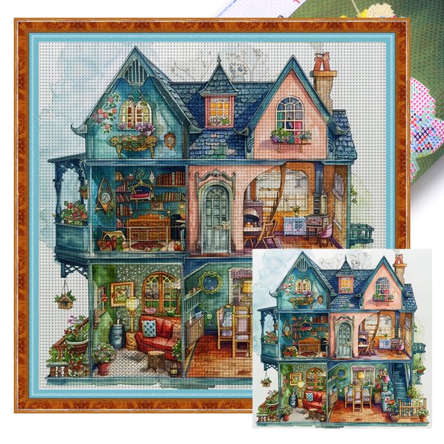Kit Punto Cruz Con Casa Hilo Algodón Ecológico Bordado 14CT 50x50cm