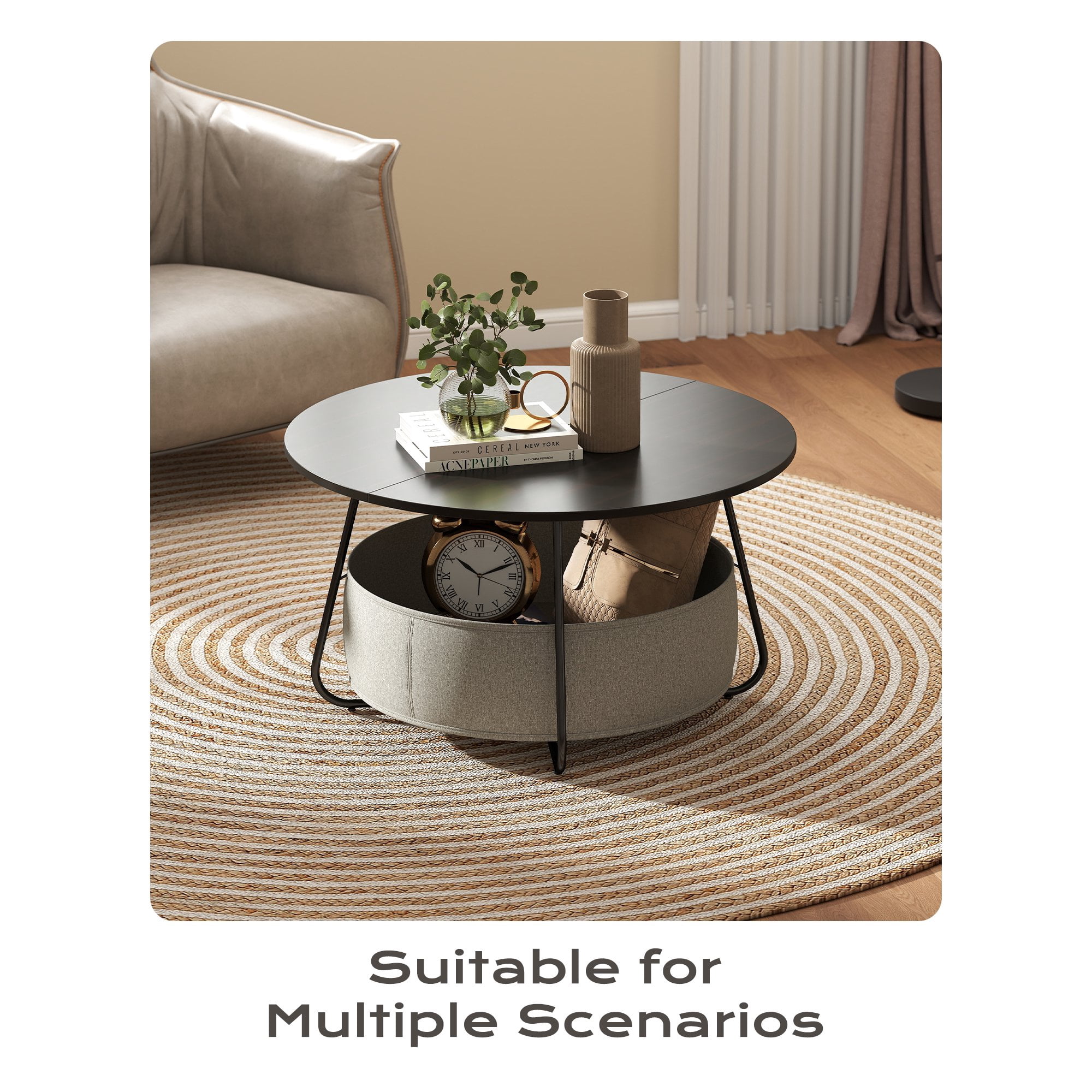 Manora Round Basket Coffee Table, Small Center Table for Living Room Home Office, Black & Brown