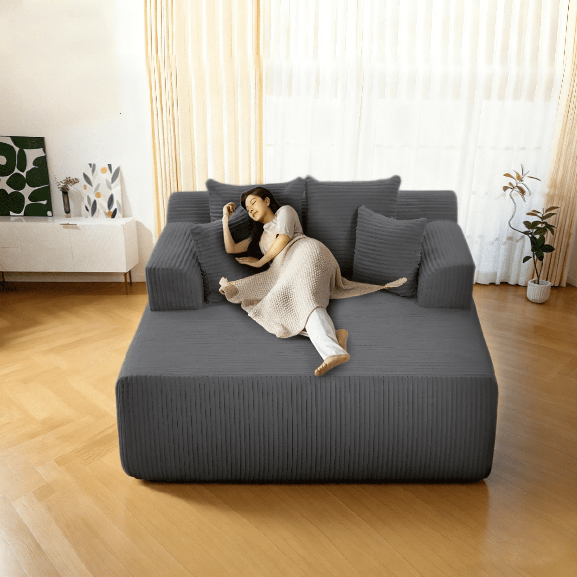 WENTUM 58" Chaise Lounge Chair Indoor, Oversized Corduroy Boneless Sleeper Sofa Bed with Armrests & 4 Pillows No Assembly for Living Room Gray