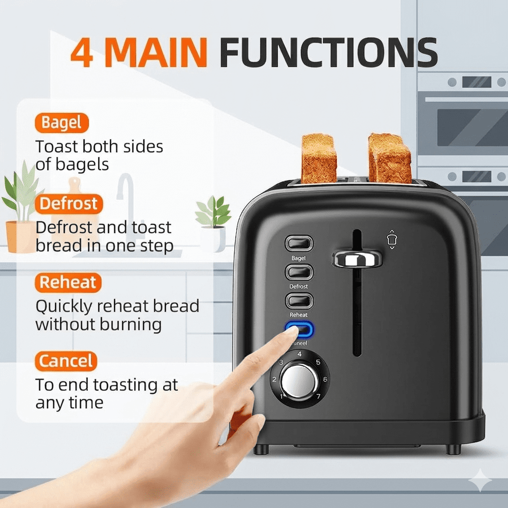 Koramzi Toaster 2 Slice, Extra Wide Slot Toaster for Bagels, Bread, Waffles, 7 Shade Settings, 4 Main Functions, Removable Crumb Tray, 900 Watts Toasters, Black Stainless Steel
