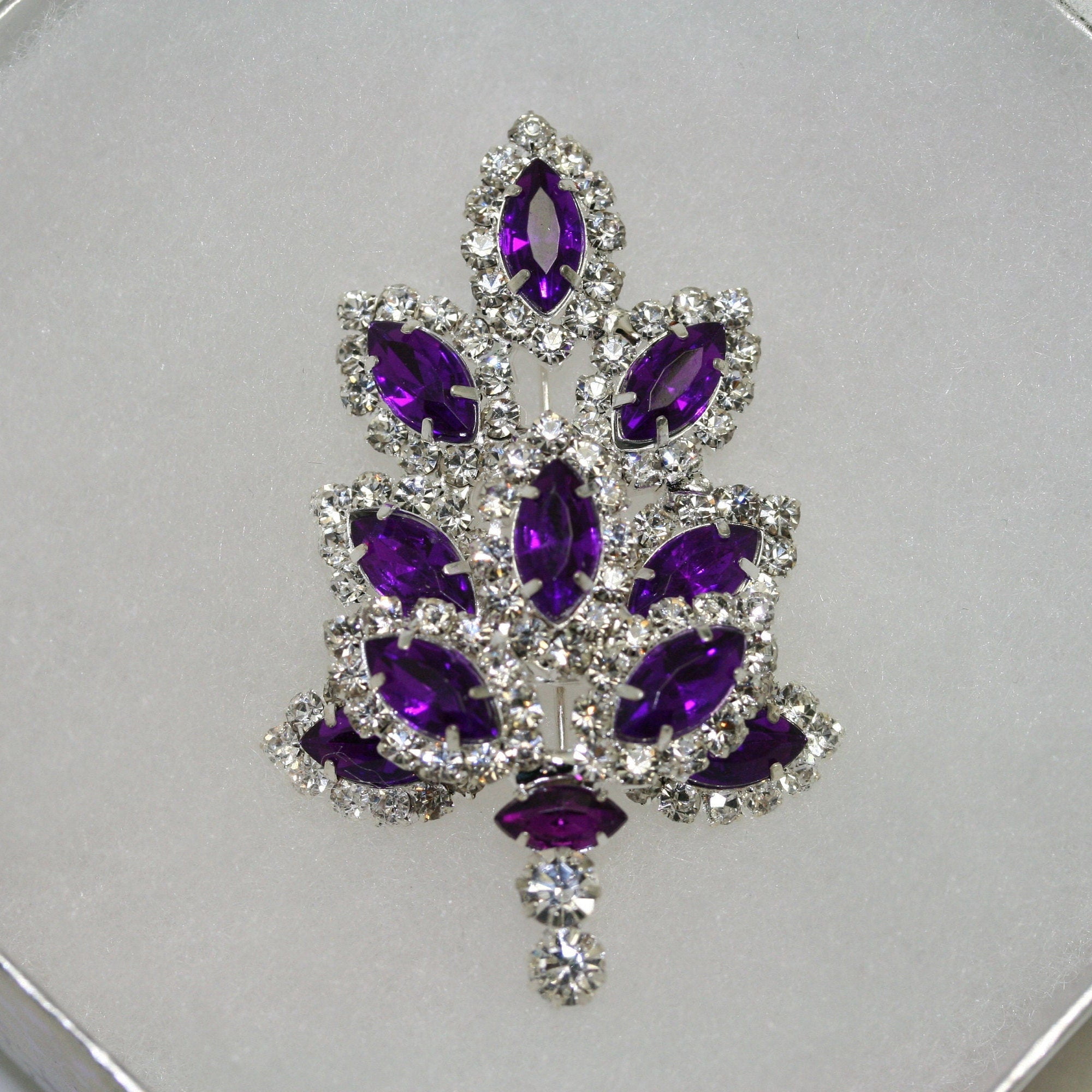 Dazzling Rhinestone Christmas Tree Brooch, Pin, Crystal Purple Xmas Tree, Costume Holiday Jewelry Gift