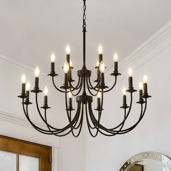 Black Farmhouse Chandelier with Adjustable Chain - 18-Light Rustic Candle Style for Dining Room & Foyer
