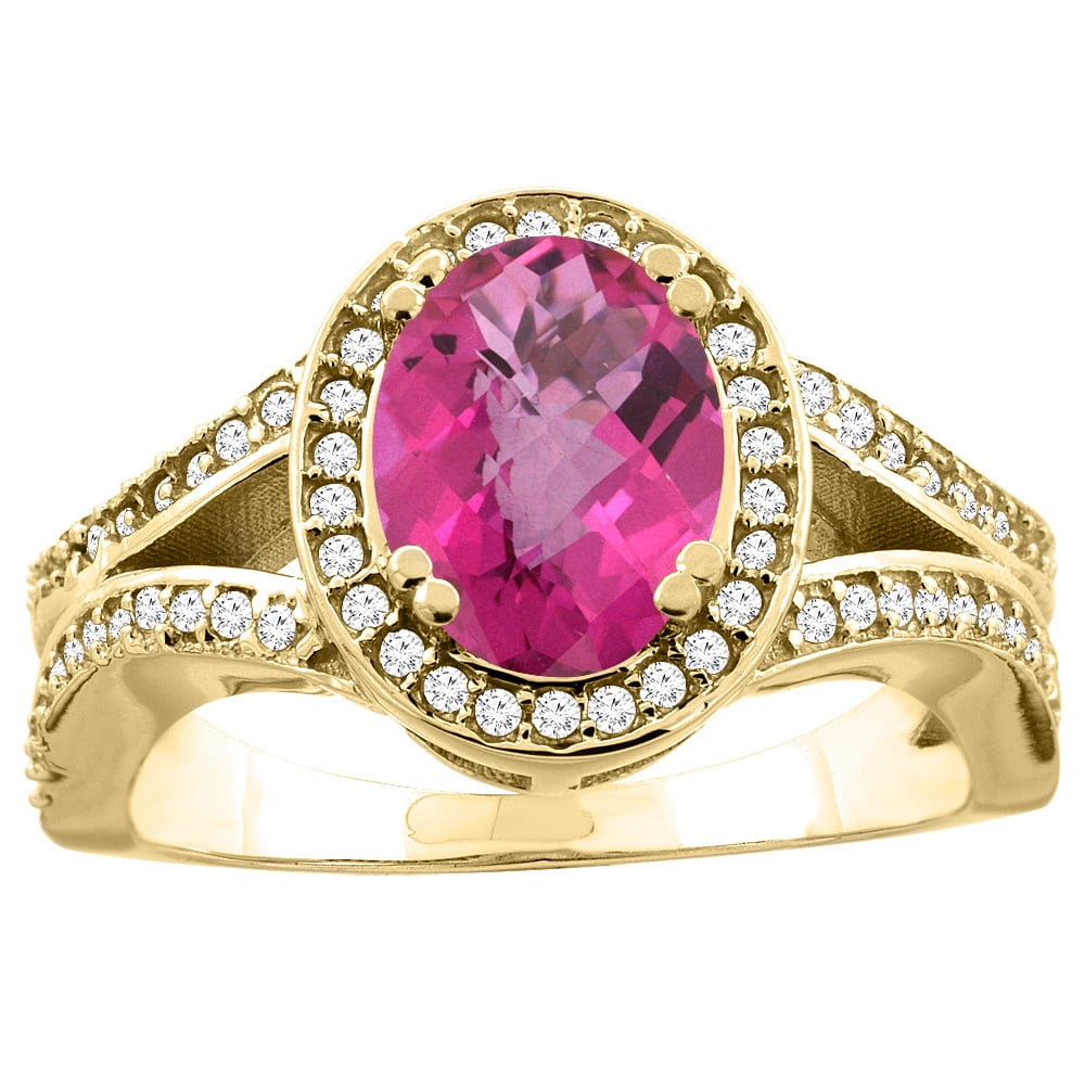 10K Yellow Gold Natural Pink Topaz Split Ring Oval 8x6mm Diamond Accent, size 5 by Gabriella Gold