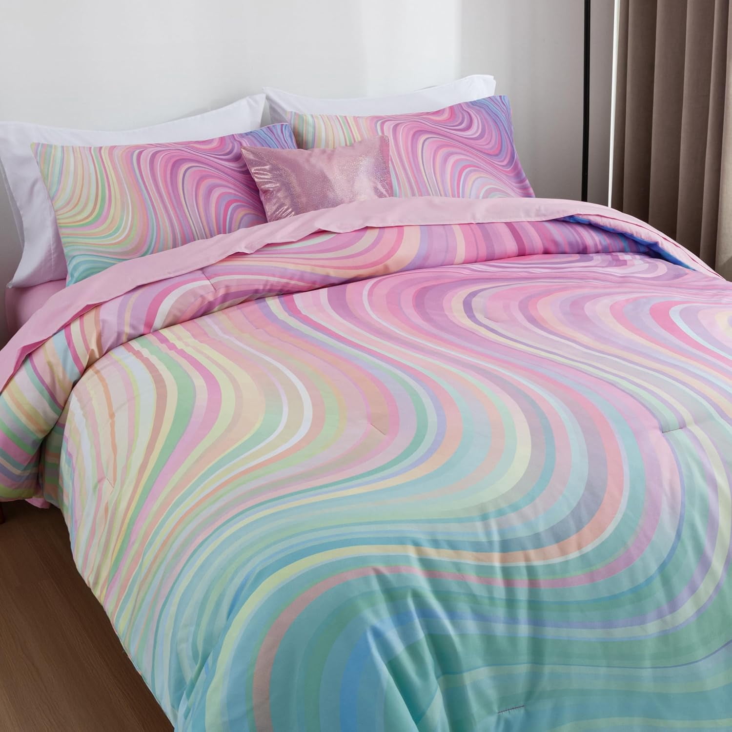NTBED 6 Pieces Gradient Wavy Line Comforter Set, Colorful Glitter Rainbow Star Pattern Bedding Set for Boys Girls Teens, Twin Pink Green