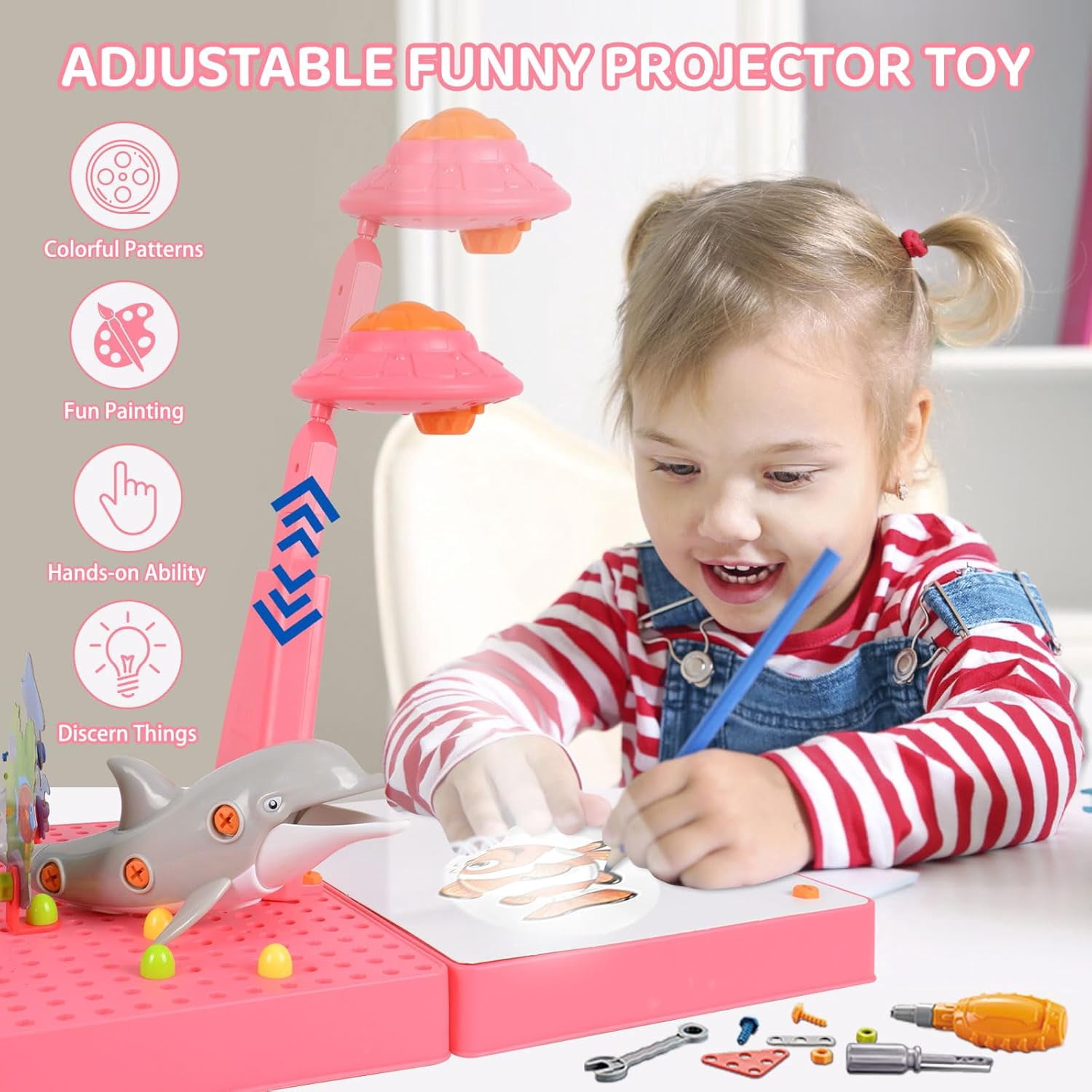 AYAMAYA Drawing Projector for Kids, Art Sketch Projector with 48 Pattern, 6 Color Pens, 4 Doodle Board, Puzzle Cards for Drawing & Tracing, Pinkcing