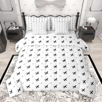 Manfei Cartoon Airplane 7pcs Bedding Comforter Set,Cute Aircraft Queen Bedding Sets,White Black Queen Sheet Sets Boys Teen,Microfiber Bedroom Decor Reversible