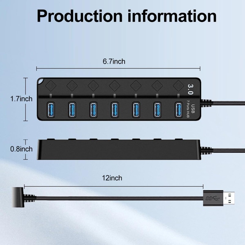 Independent Power Switch and LED On/Off 7-Port USB 3.0 Hub, Ultra-Slim 5Gbps Super Speed ​​USB Data Transfer Hub Expansion Splitter for MacBook, XPS, PC, USB Flash Drive, Mobile Hard Drive, etc.