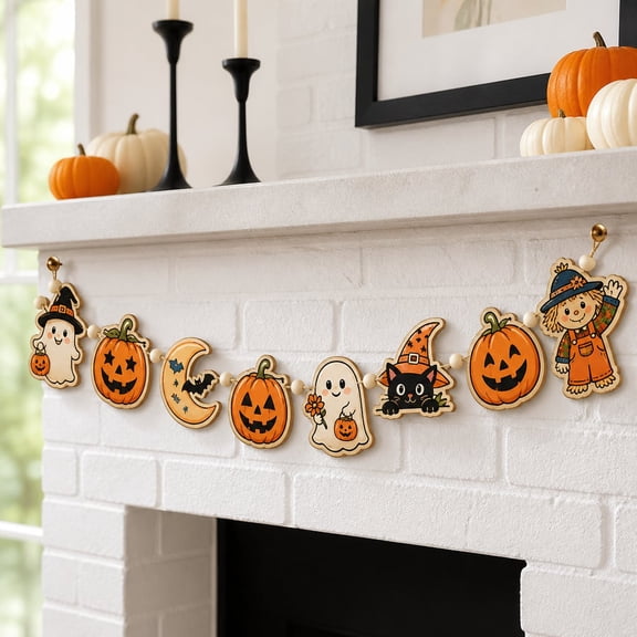 Garland Halloween Pumpkin Ghost Black Cat Witch Dog Scarecrow Wooden Wall Hanging Home Decor