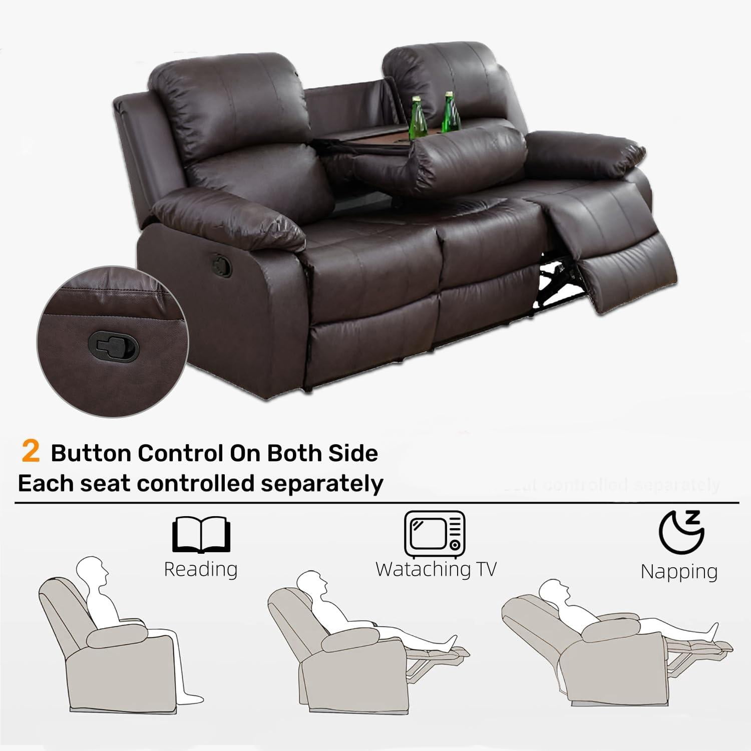 Gewnee Breathing leather Upholstered Manual Reclining Sofa with 3 Recliners and Cup Holders,Dark Coffee