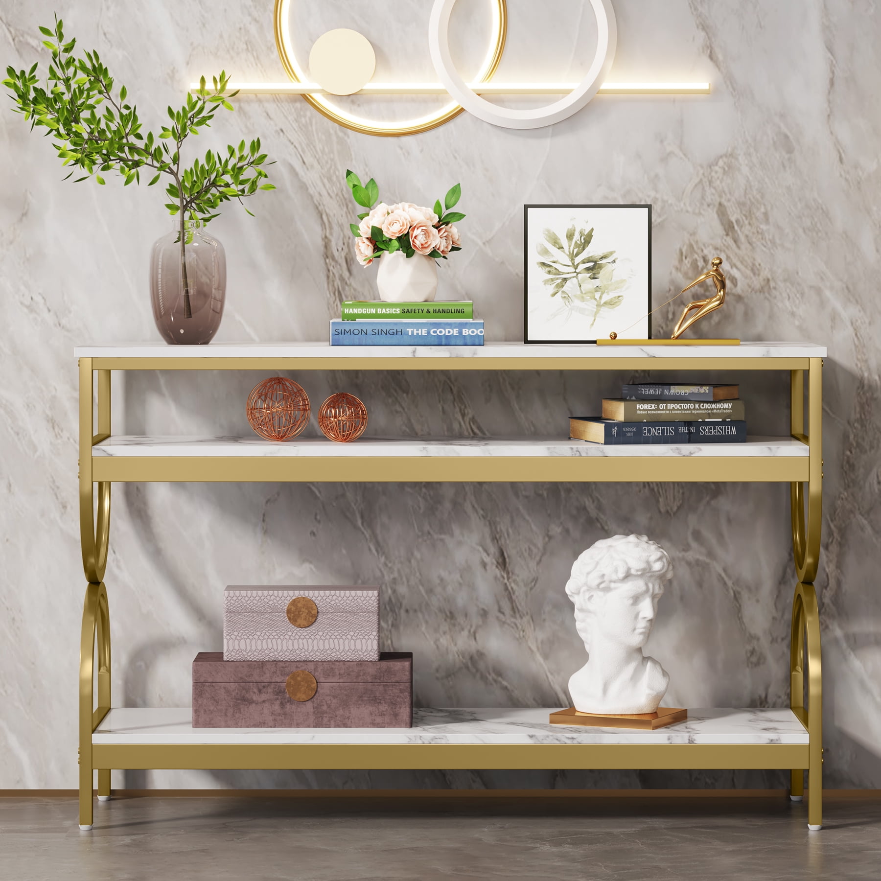 Tribesigns Modern 3 Tiers Console Table, 55 inch Faux Marble Sofa Entryway Tables with Storage Shelves for Living Room, Hallway and Foyer, White & Gold