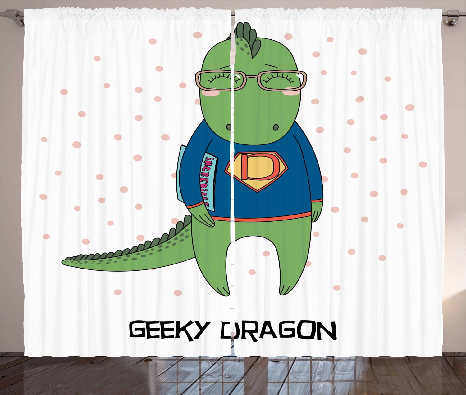 Geek Curtains 2 Panels Set, Funny Dragon Character in Glasses and