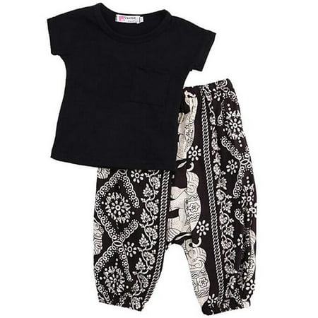 Baby Kids Girl Short Sleeve T-Shirt+Retro Elephant Harem Pant Summer Clothes Suit