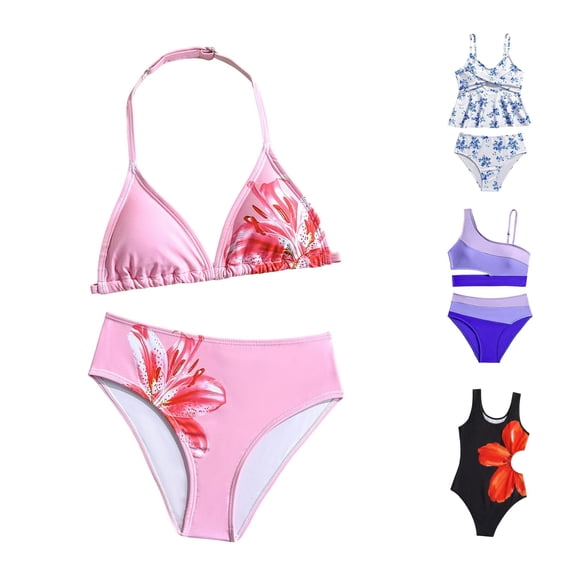 SIYUDAN Girls Floral Bikini Set, High Waisted Bikini Bathing Suit 2 Piece Swimsuit for Tweens &