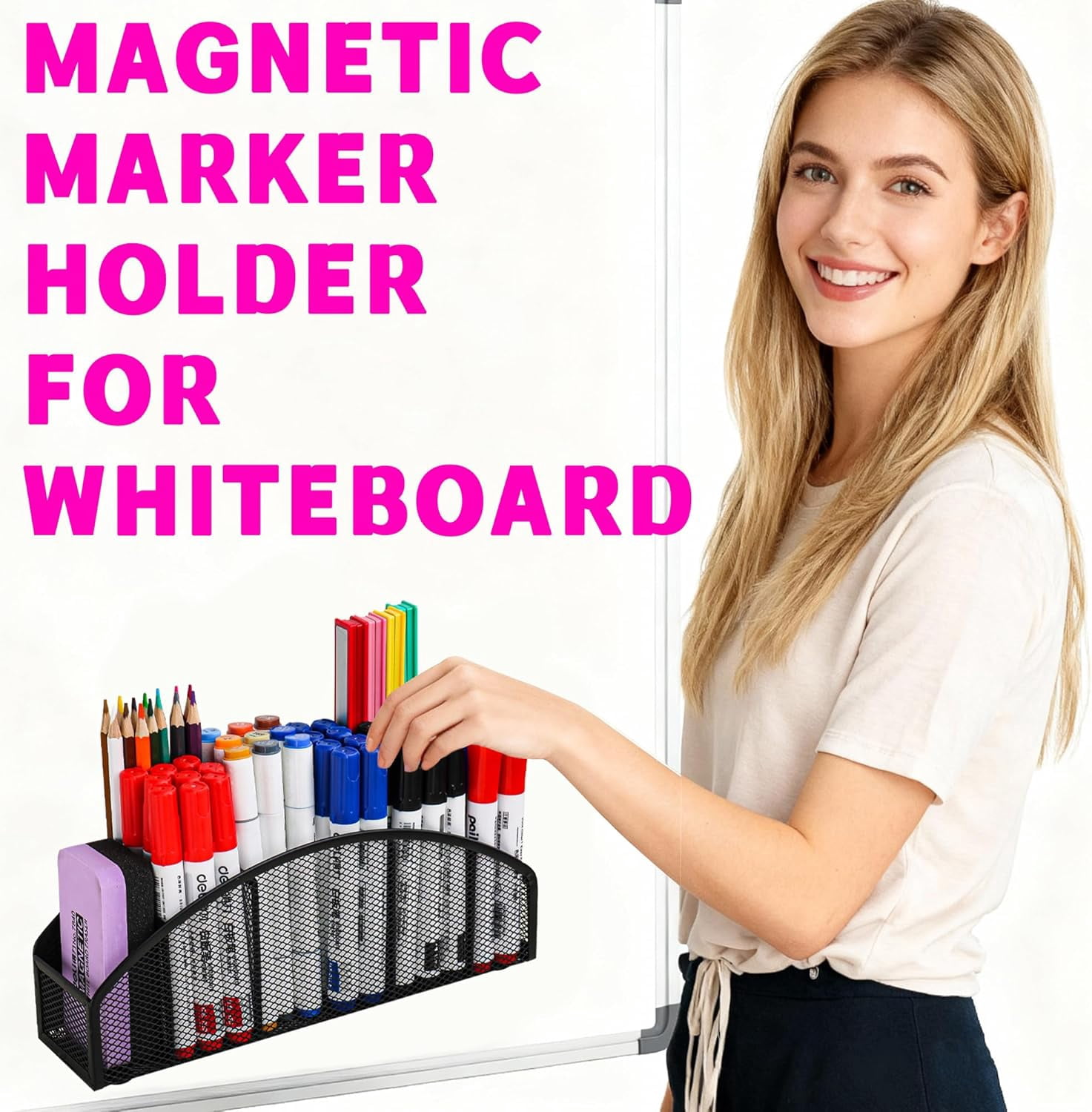 Large Magnetic Whiteboard Organizer 5-Slot Metal Mesh Dry Erase Marker Holder Heavy Duty Pencil Cup Caddy for Fridge Office Black