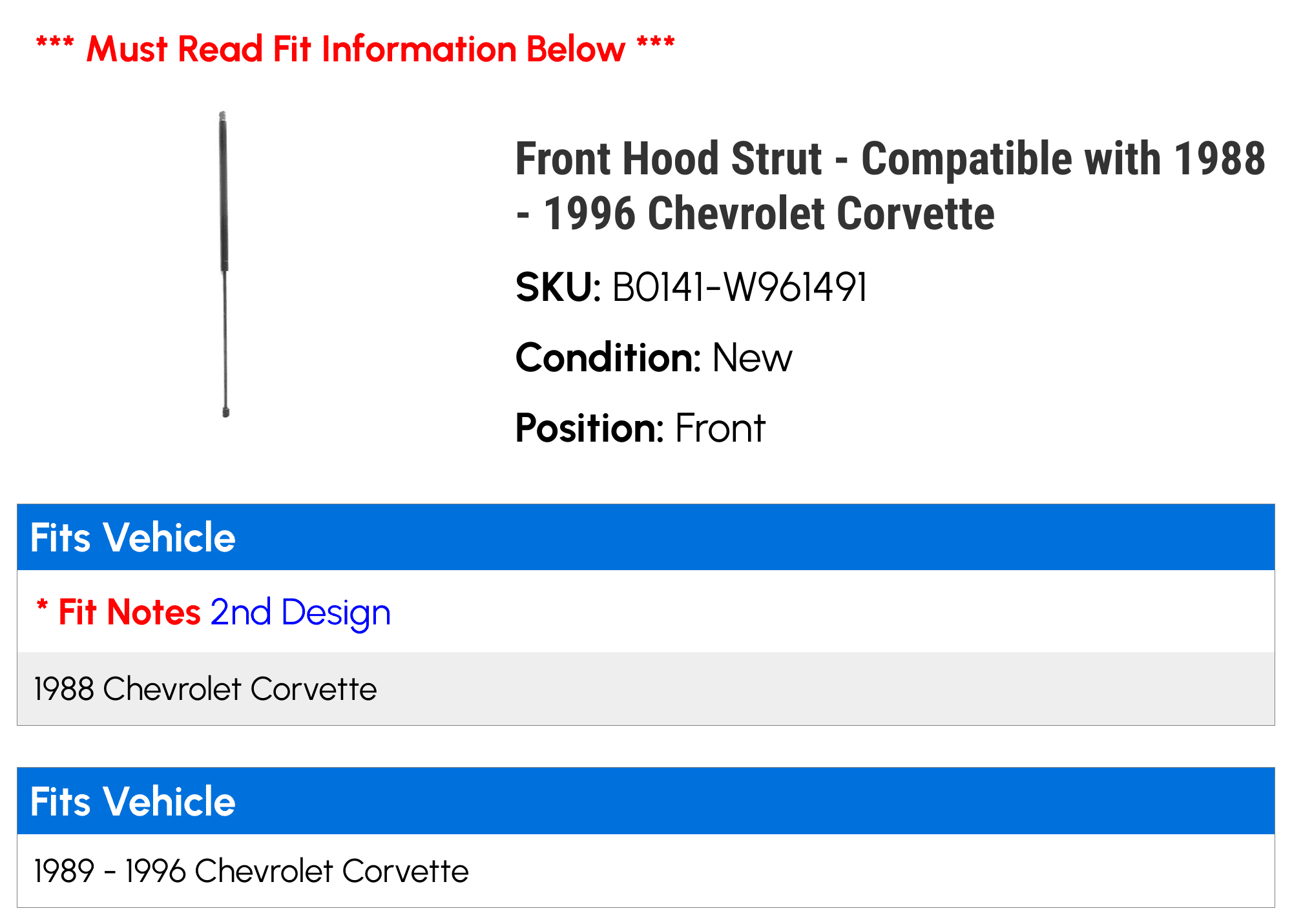 Front Hood Strut - Compatible with 1988 - 1996 Chevy Corvette 1989 1990 1991 1992 1993 1994 1995