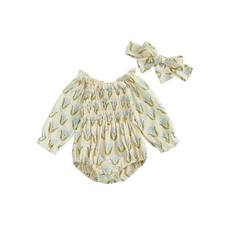 

Fanvereka Girl Fall Romper Floral Print Long Sleeve Bubble Jumpsuit Headband