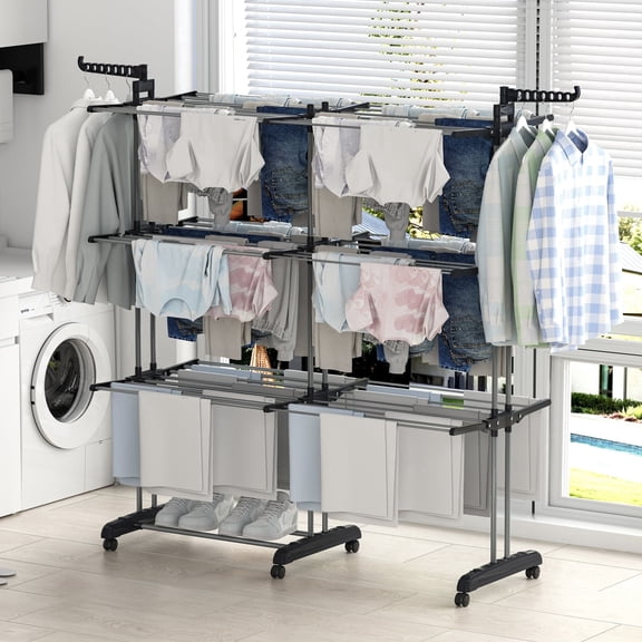 Clothes Drying Rack 4-Tier, Foldable Clothes Drying Rack 69.3-Inch Tall, Extendable Rods, Stainless Steel, Indoor Outdoor Use