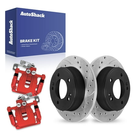 AutoShack 10.31" (262 mm) Rear Solid Drilled & Slotted Brake Rotors E-Coated   Calipers Red | Replacement for 2011-2016 Hyundai Elantra 2013-2014 Hyundai Elantra Coupe | 4-PC Brake Kit | ShadowGuard