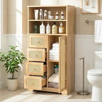 Ktaxon Bathroom Floor Cabinet with 4 Drawers 1 Cupboard & 2 Adjustable Shelves for Kitchen Living Room, Rattan