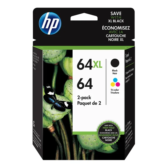 HP 64XL/64 Black High Yield and Tri-Color Standard Yield Ink Cartridges, 2/Pack (Sold without manufacturer warranty)