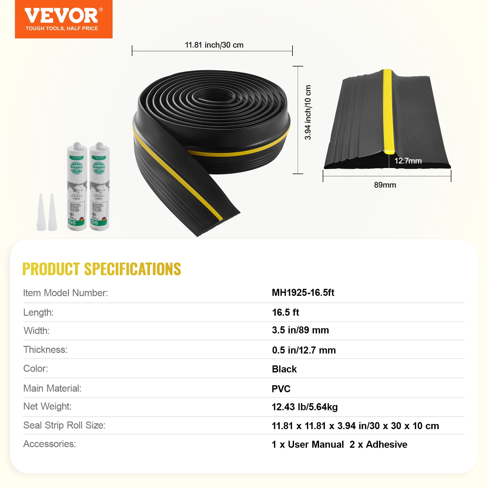 VEVOR Garage Door Threshold Seal Strip, 16.5 FT Universal Garage Door Floor Seal Strip with Adhesive, Black Garage Door Bottom Weatherproof Strip, Upgraded Thick PVC DIY Weather Stripping Replacement