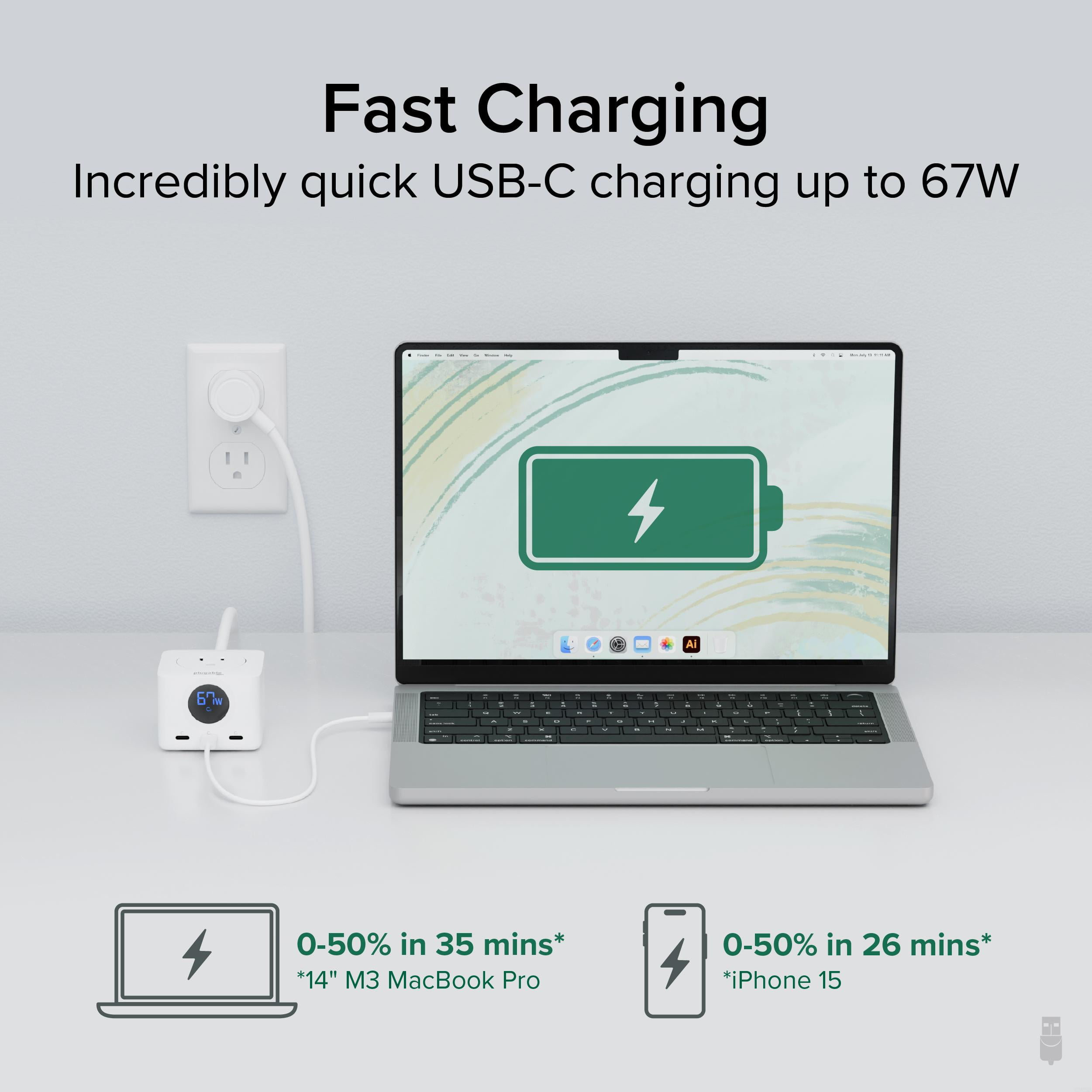 Plugable 67W USB C Power Strip, USBC Charging Station Extension Cord with Multiple Outlets