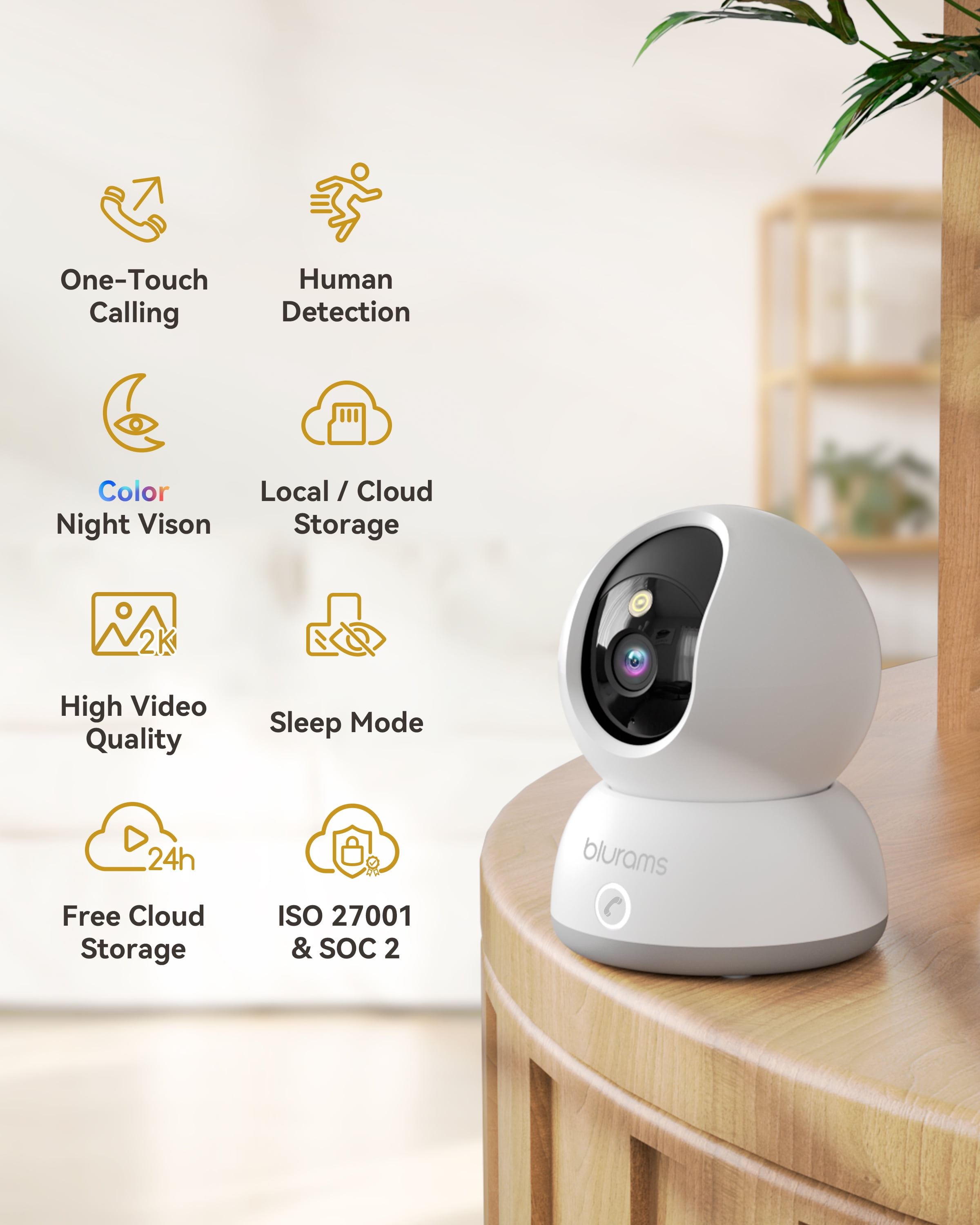 2pcs blurams Indoor Security Camera 2K, Home Security Dog/Baby Monitor/Elder Camera, Security Camera with One-Touch Call, Color Night Vision, Motion Tracking, Cloud & Local Storage