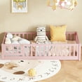 thumbnail image 2 of Bellemave Twin Size Floor Beds with Door, Wood Montessori Bed with Fence Railings & Support Slats, No Box Spring Needed (Pink), 2 of 7