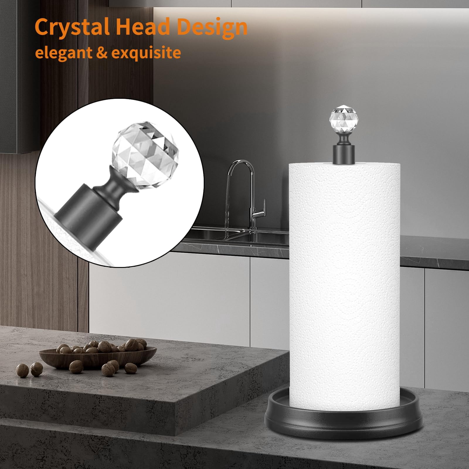 Crystal Head Paper Towel Holder - Steel Countertop Stand For Kitchen  Bars & Dining Tables Fits Standard Rolls Matte Black