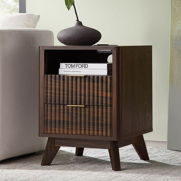 Fluted Nightstand with Charging Station, 19.7 inch Wide End Table with 2 Drawers, Modern Wood Bedside Table for Bedroom