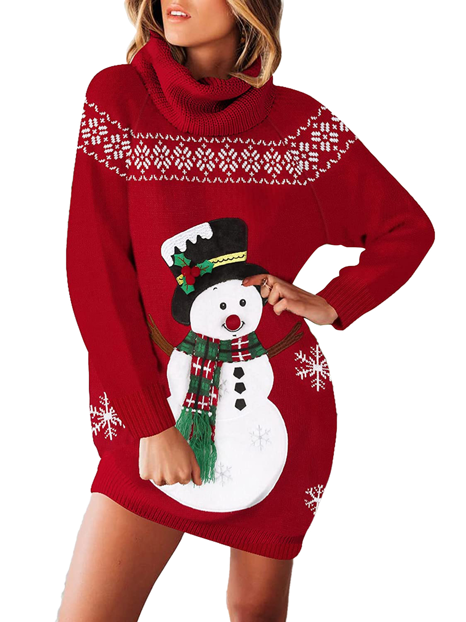 Women Knit Christmas Sweater Dress Long Sleeve Stand Neck Loose Sweater