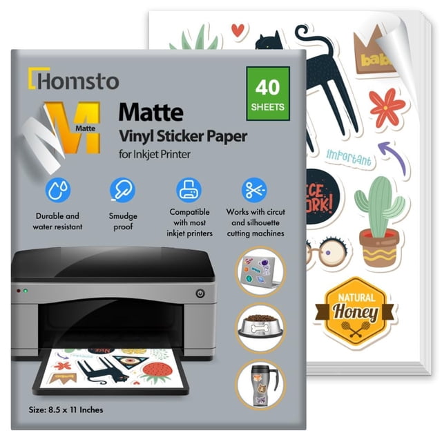 Vinyl Sticker Paper, Matte Printable Sticker Paper for Inkjet Printer, Quick Drying, Water Resistant, Scratch Resistant, Sticks to Most Surfaces, 8.5 x 11 Inches, 40 Sheets