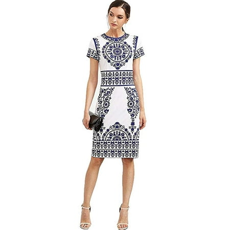Sheath Pencil Dress - Women's Porcelain Print Work Sheath Business Pencil Dress