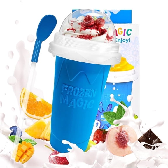 Slushy Maker Cup, DIY Magic Slushy Maker Squeeze Cup, Portable Smoothie Squeeze Cup for Juices, Milk and Ice Cream Make, Double Layers Silica Cup with Lid & Straw for, Friends, Family (Blue)1