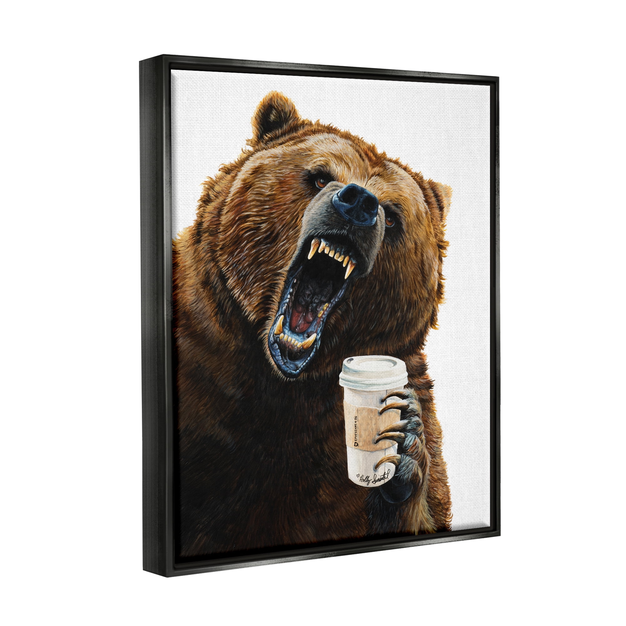 Stupell Industries Roaring Bear with Coffee Animals & Insects Painting Black Floater Framed Art Print Wall Art, 25 x 31