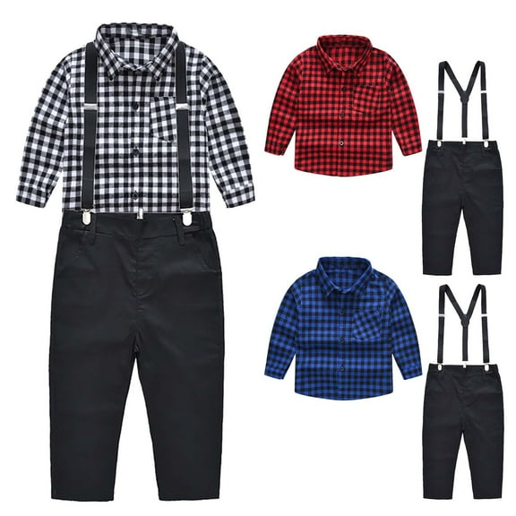 Fesfesfes Kids Fall Outfits Toddler Kids Baby Boys Girl Fashion British Style Lattice Pattern Print Long Sleeves Casual Shirt Overalls Suit