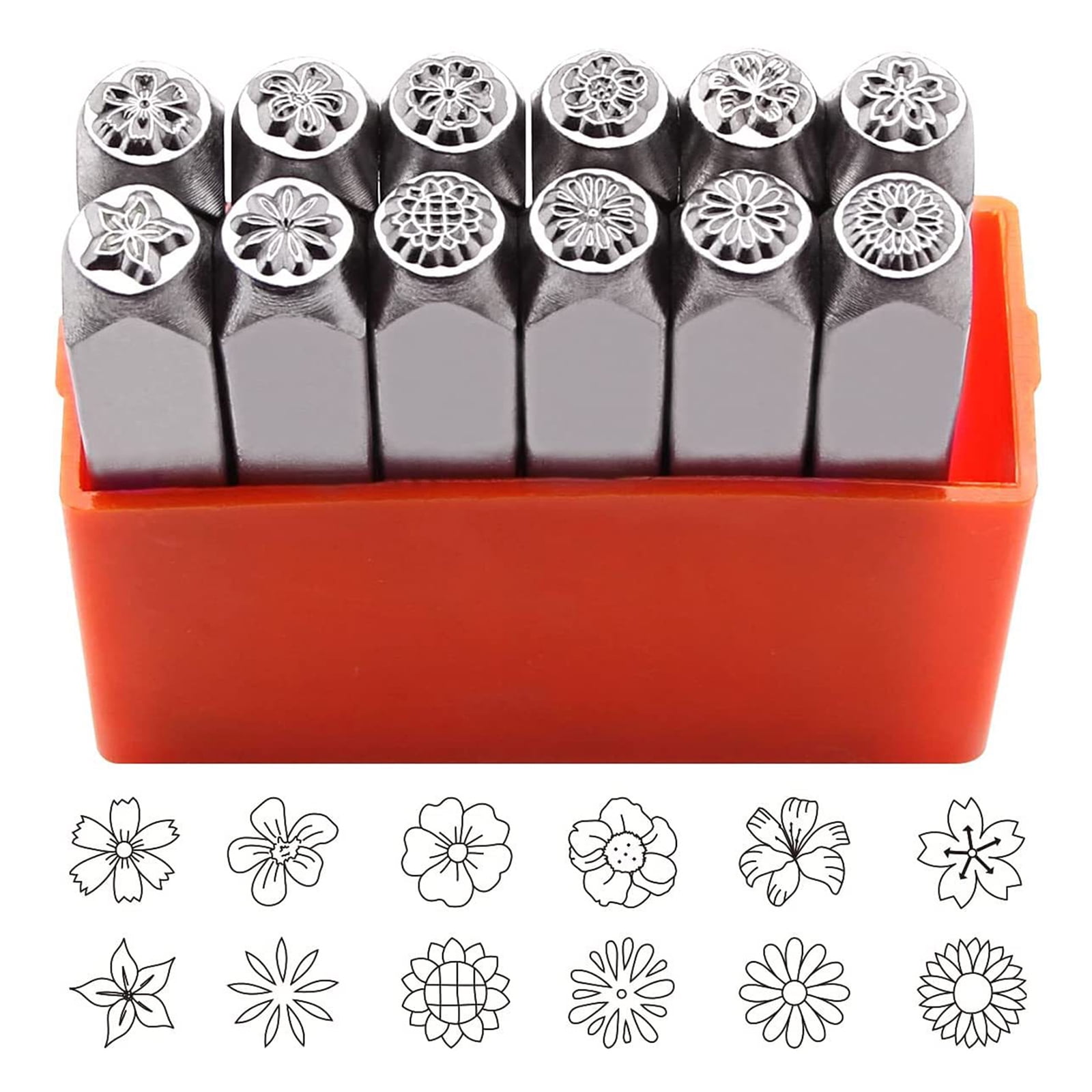 12Pcs Flower Theme Metal Stamp, 3MM 6MM (1/8” 1/4”) Metal Stamping Tool for Stamping Metal, Leather, Craft
