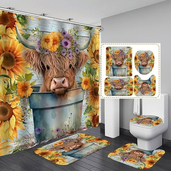 4Pcs Highland Cow Shower Curtain Set with Non Slip Rug,Bath Mat and Toilet Cover, Rustic Western Sunflower Daisy Farmhouse Shower Curtain with 12 Hooks for Bathroom Accessories (Daisy Cow)