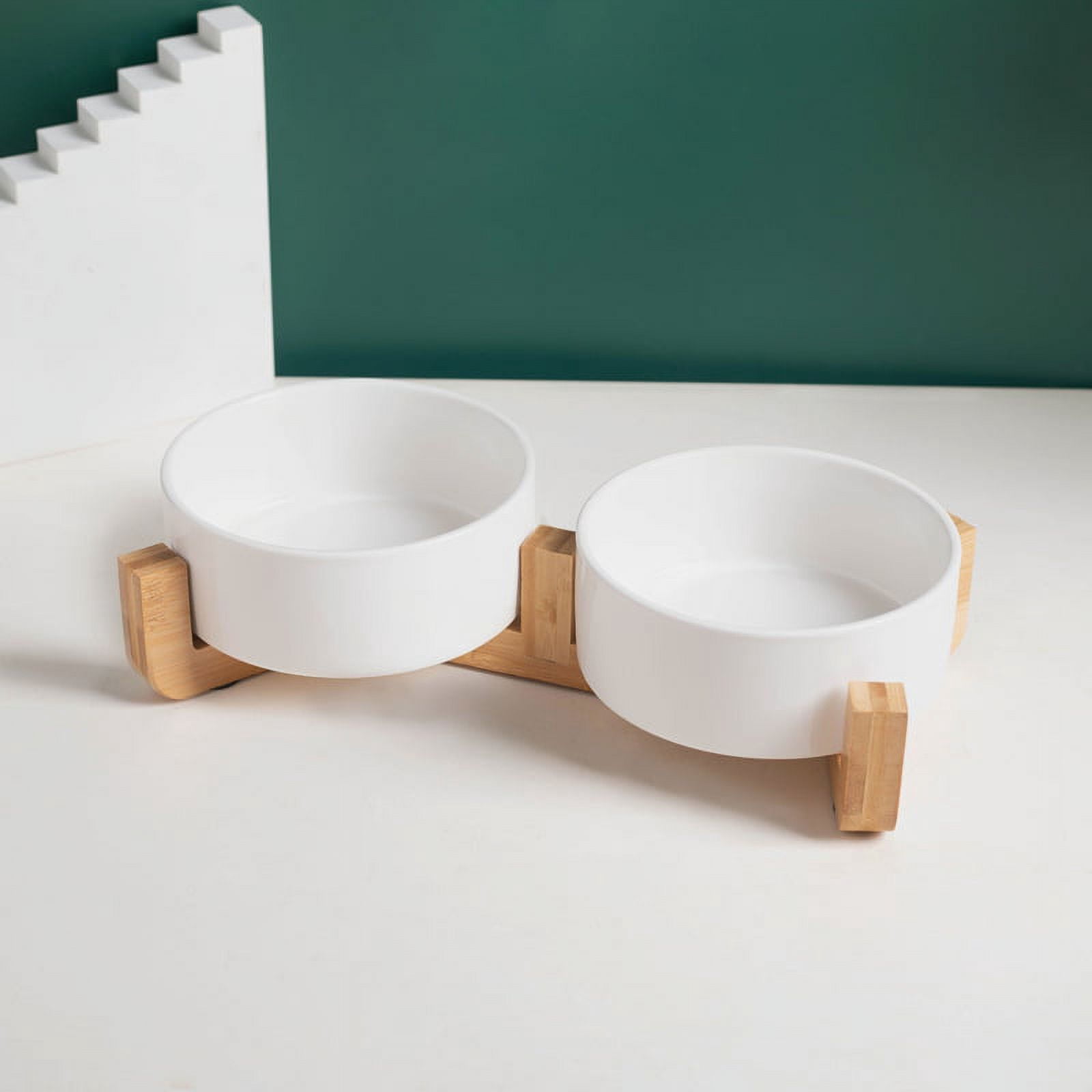 Ceramic Dog and Cat Bowl Set with Wooden Stand, Modern Cute Weighted Food Water Set for Small Size Dogs (11.8OZ) & Medium Sized Dogs (20.2OZ) & Larger Size Dogs(33.8OZ)