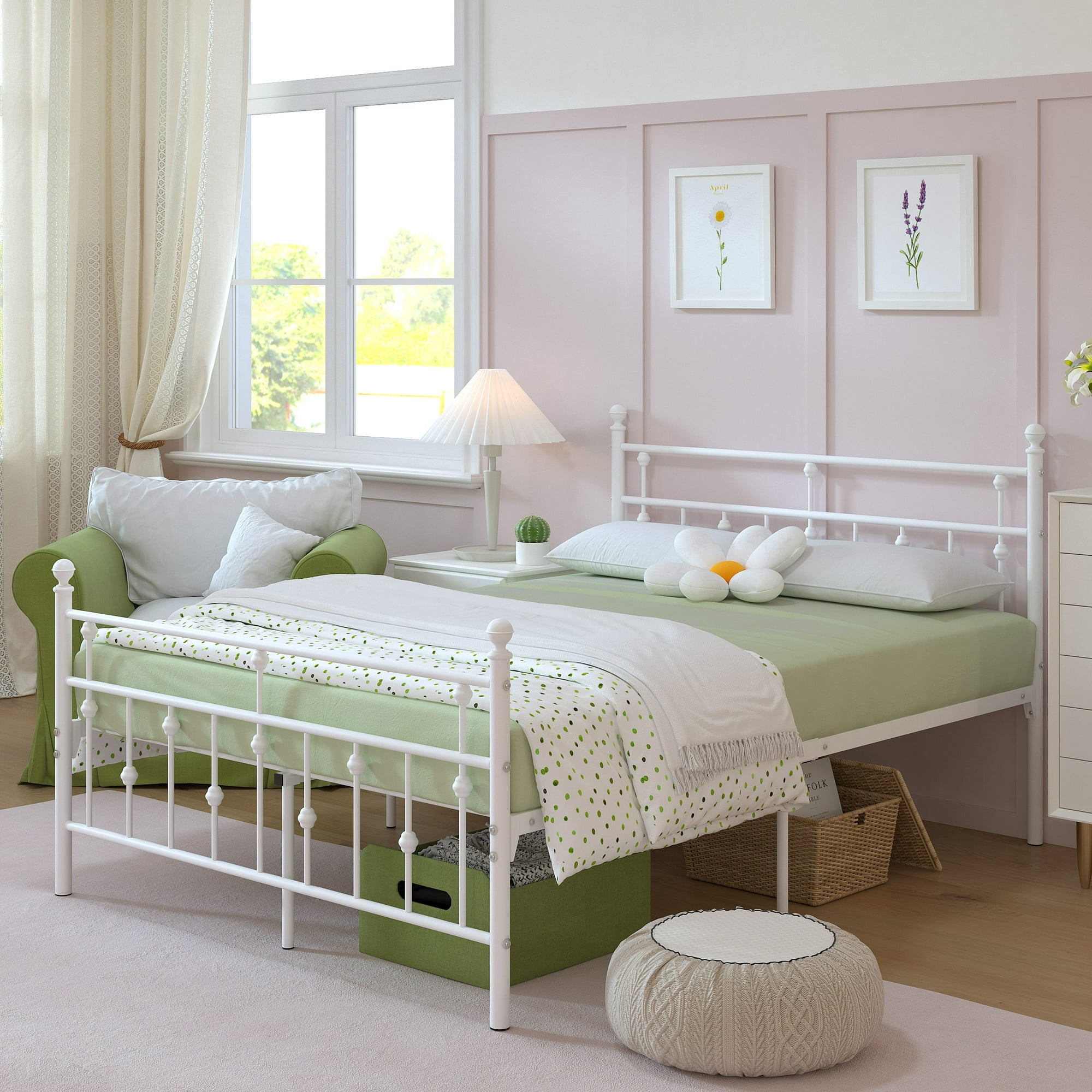 Yoneston Full Size Metal Platform Frame with Retro Headboard and 14-Inch Storage for Teens Adult, No Box Spring Needed - White