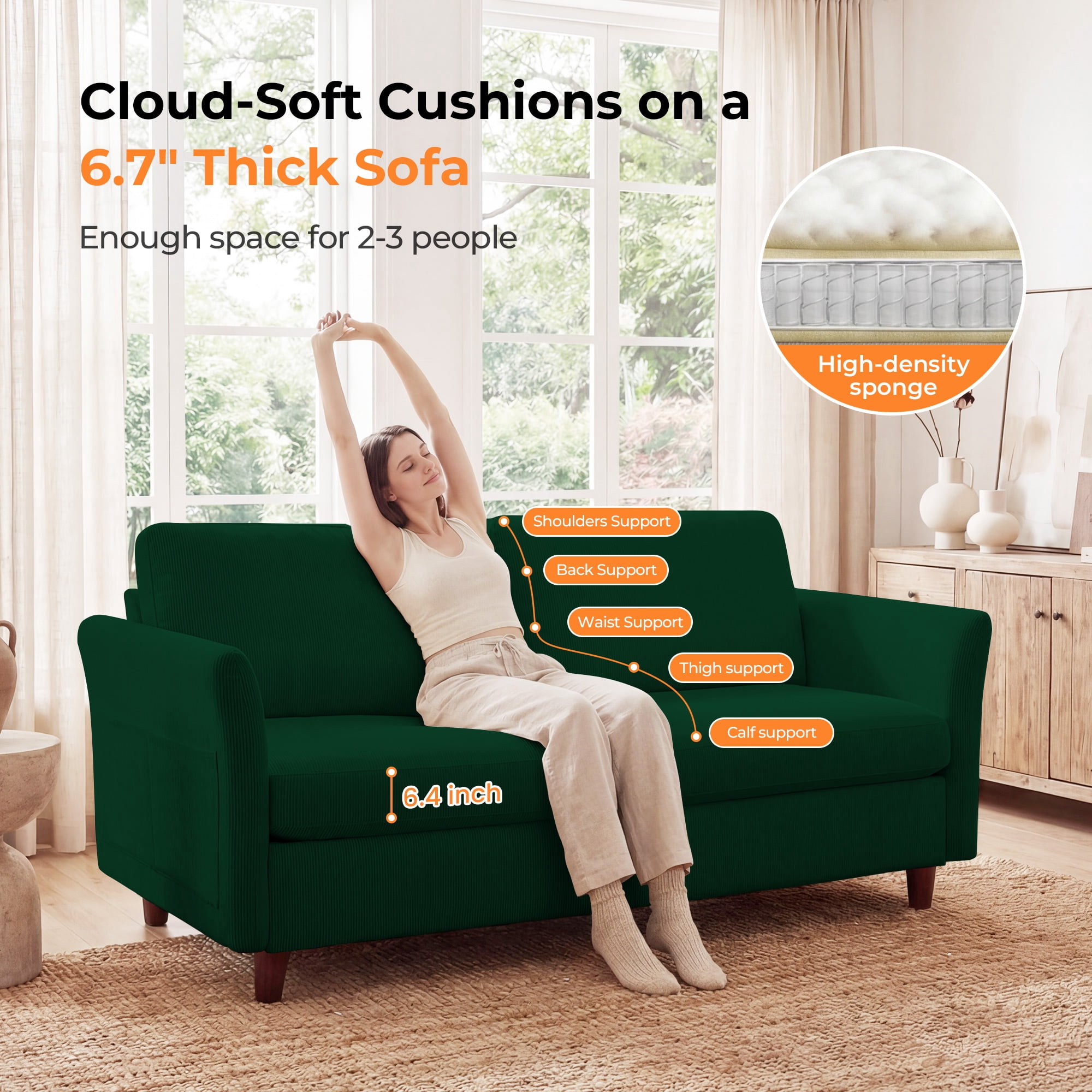 Poshby 79.1'' Comfy Couches Corduroy Sofas Loveseat 3-Seater with Side Pocket for Living Room, Green