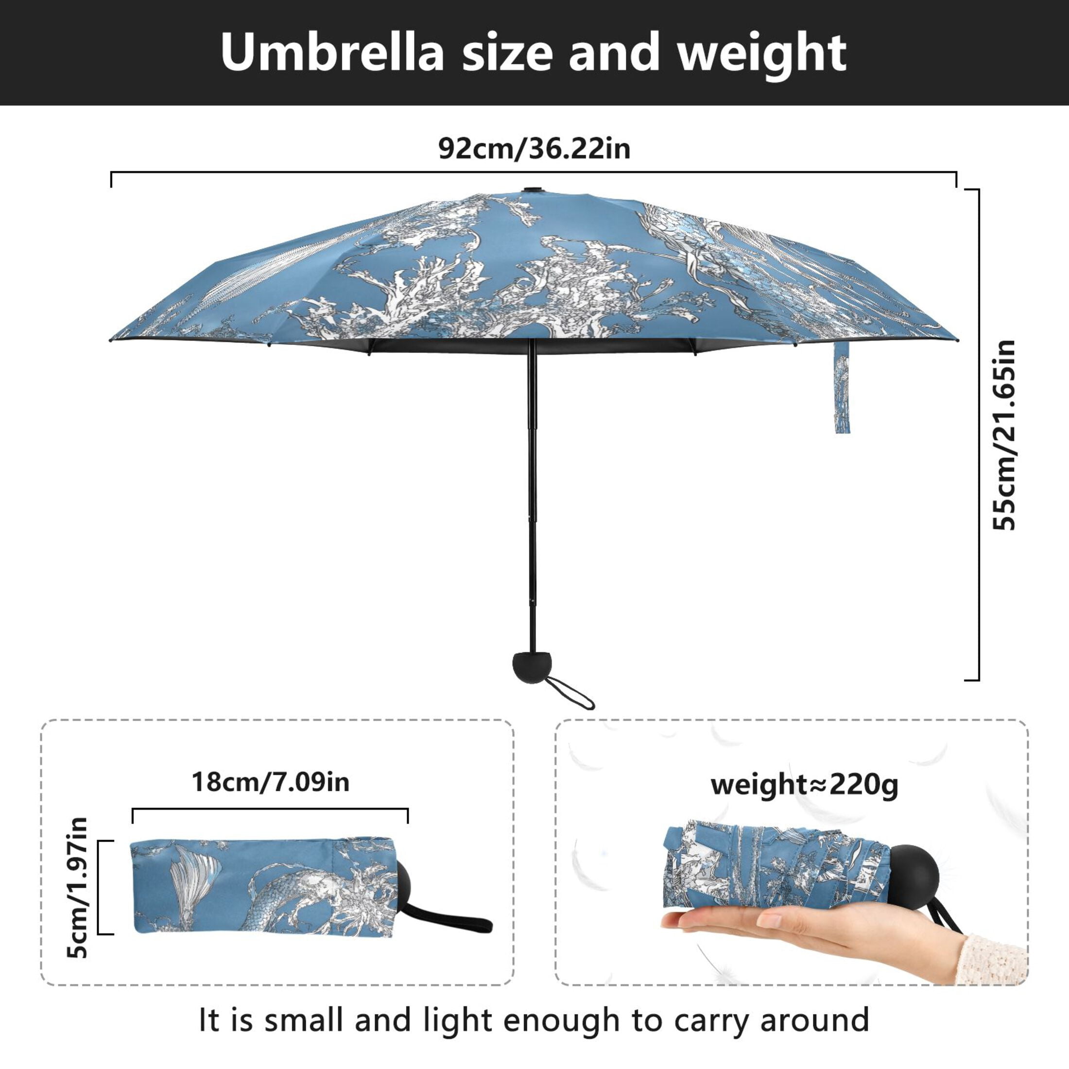 Mermaid Umbrellas for Sun Auto Open Close UV50+ Waterproof 5-Fold Compact Fiberglass Frame