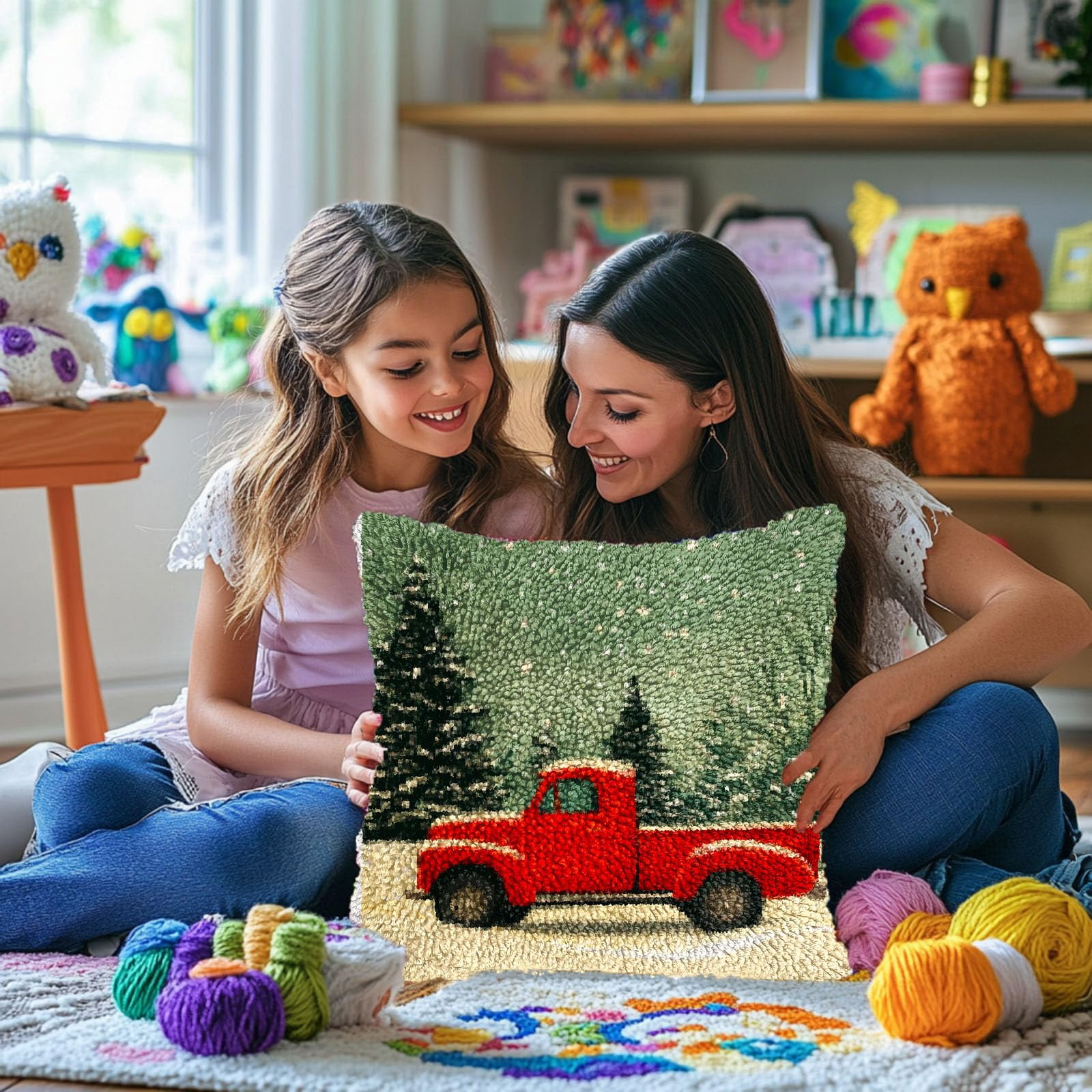 Latch Hook Pillow Kits for Adults Merry Christmas Red Truck DIY Pillow Cover Printed Pillowcase Crochet Yarns Hooking Handmade Cushion for Home Sofa Decor 17x17inch(3)