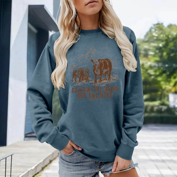 Sweatshirt for Women Oversized Vintage Cow Animal Mountain Graphic Crew Neck Long Sleeve Streetwear Pullover Tops Fall Winter Clothes Blue L